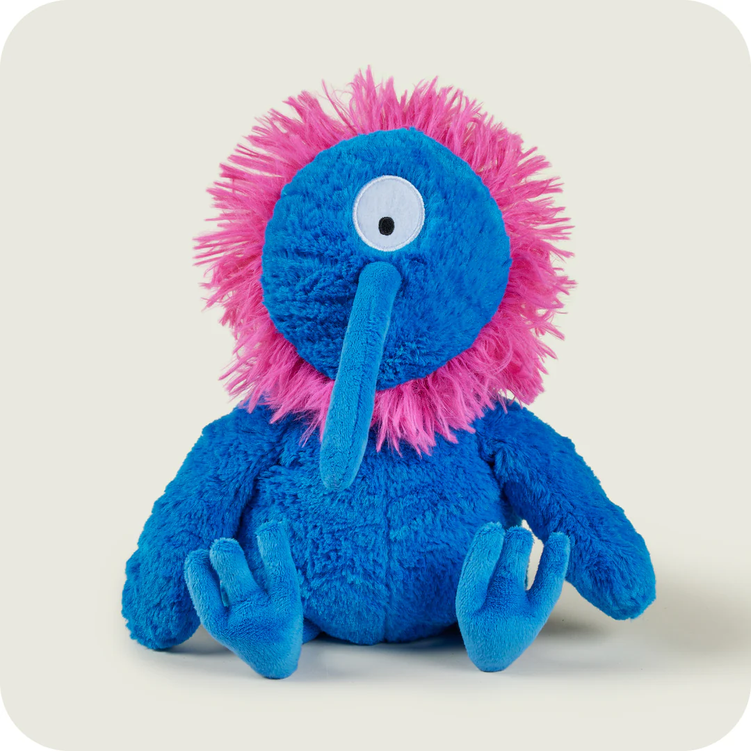 A blue stuffed animal with pink hairDescription automatically generated