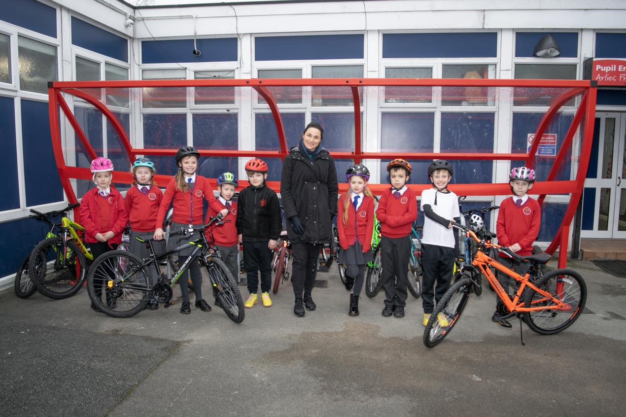Dame Sarah Storey with pupils at Arlies Primary School