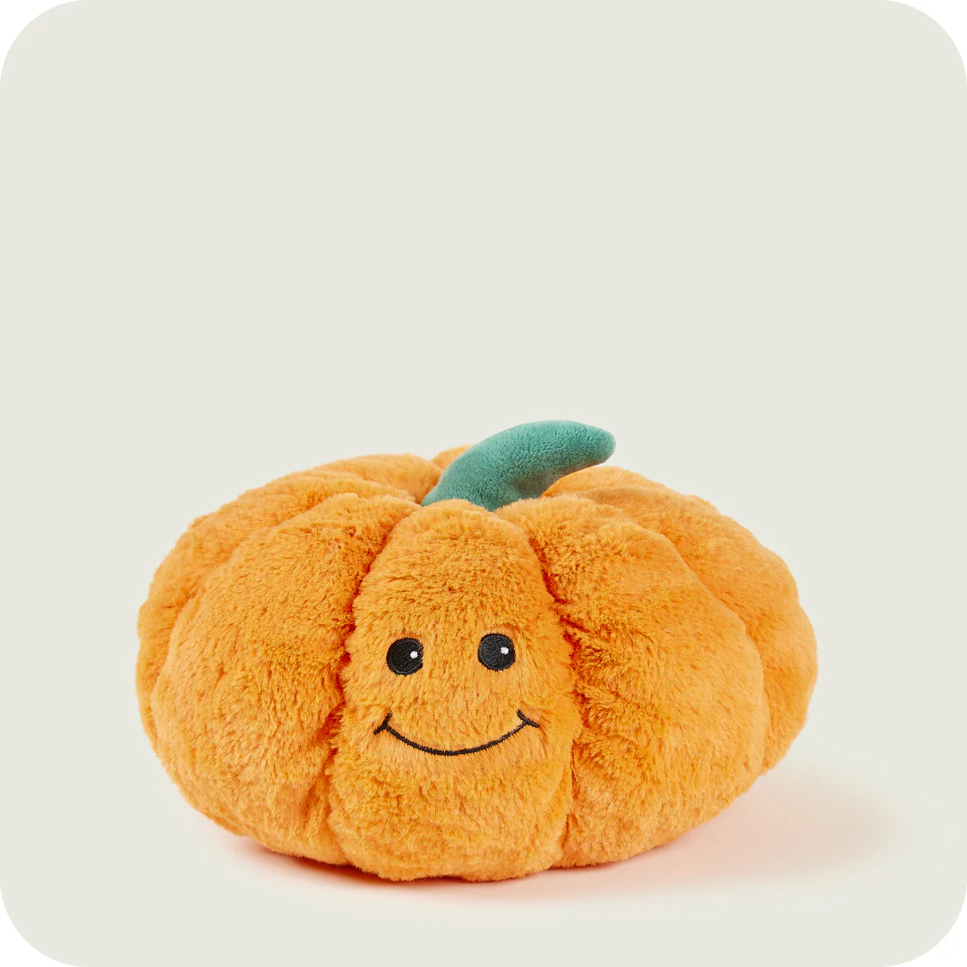 A stuffed pumpkin with a faceDescription automatically generated