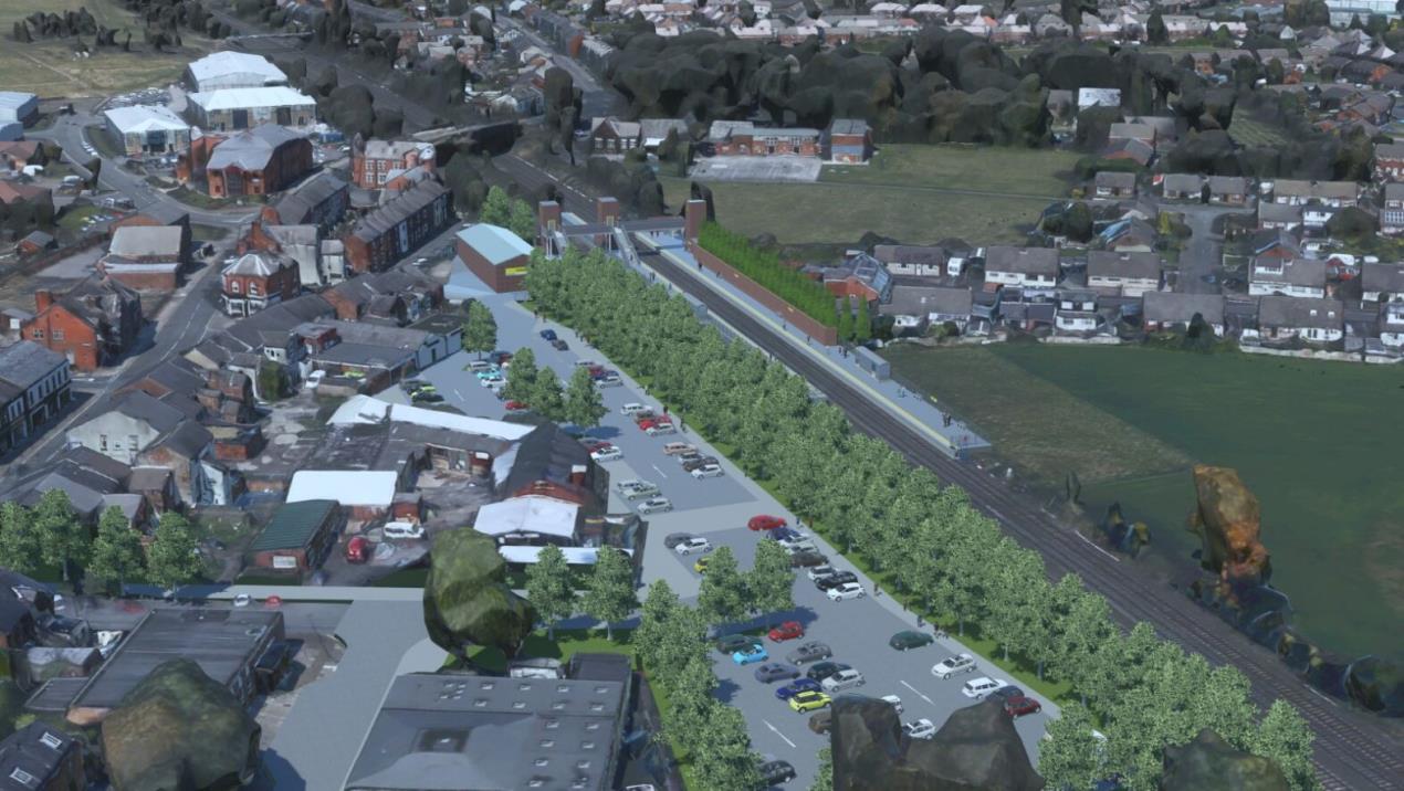 A CGI image showing an aerial view of the proposed Golborne railway station