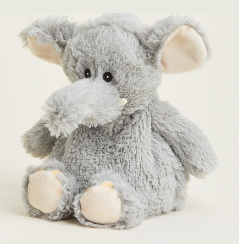 A grey stuffed elephant toyDescription automatically generated