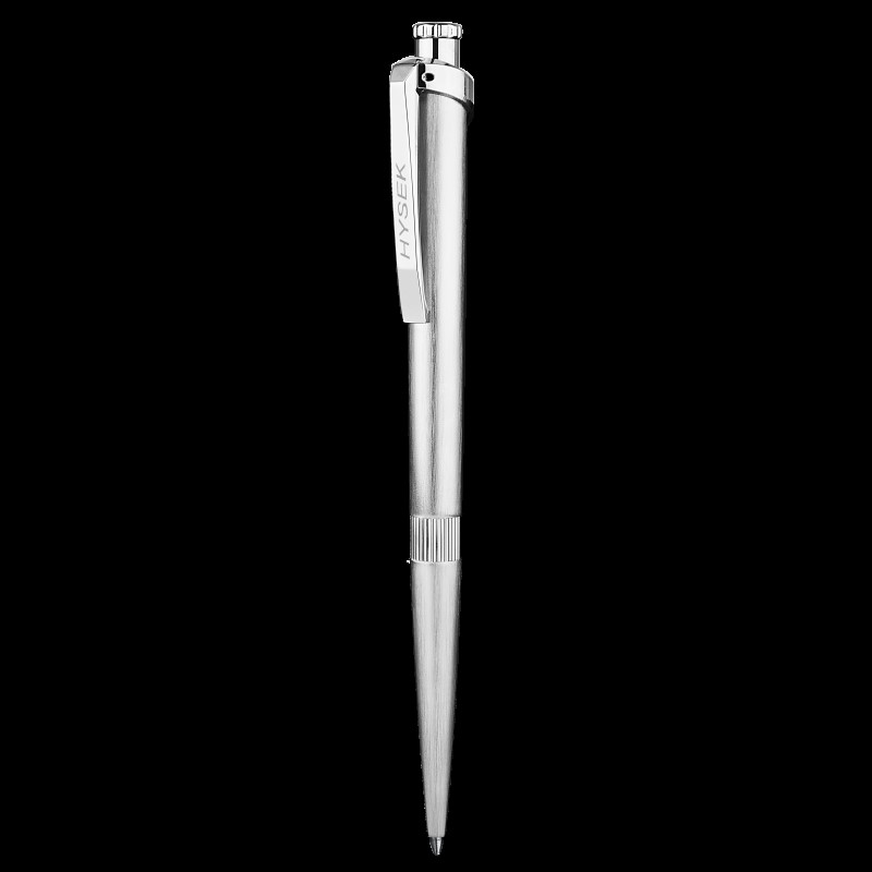 A silver pen on a black backgroundDescription automatically generated