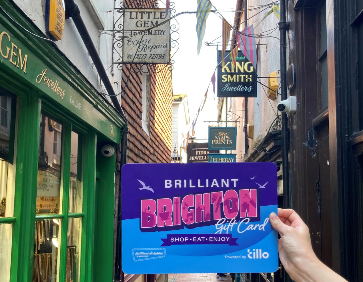 Landscape -Businesses on Meeting House Lane, The Lanes are part of the new Brighton Gift Card Landscape -Businesses on Meeting House Lane, The Lanes are part of the new Brighton Gift Card