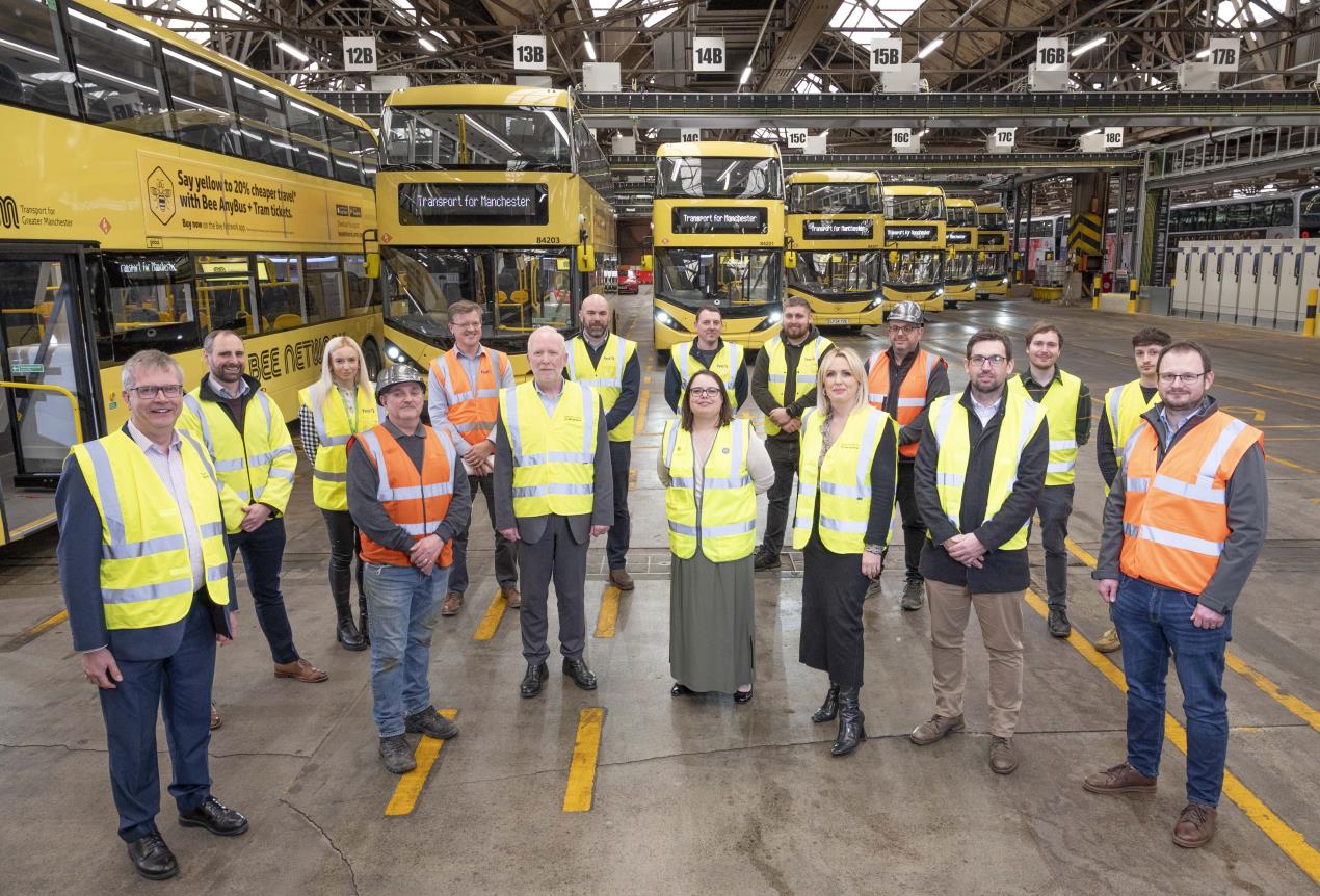 Representatives from First Bus, Magnus Construction Group, TfGM’s bus team, Transport Commissioner Vernon Everitt with the brand new zero emission buses. 