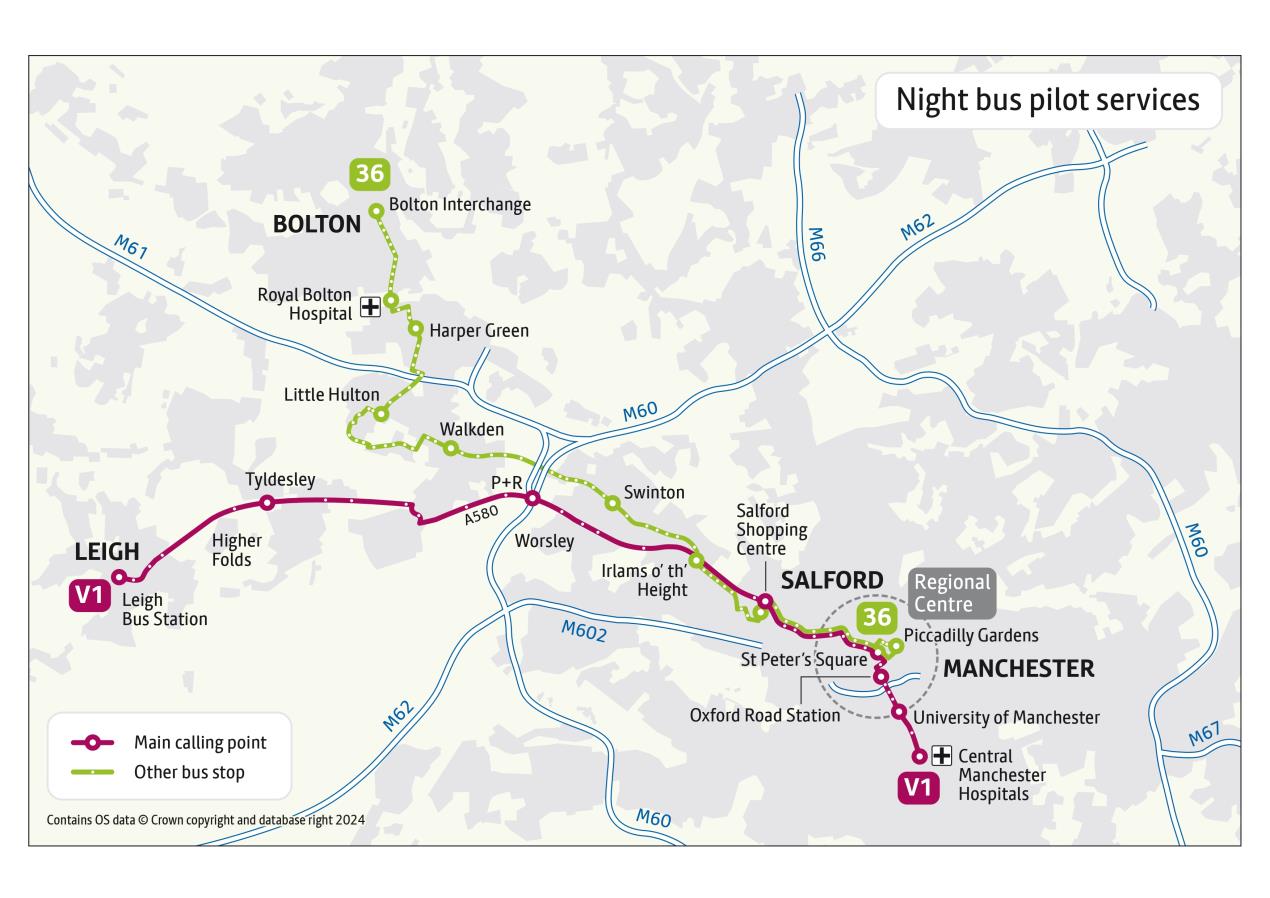 A map showing the V1 and 36 night bus routes