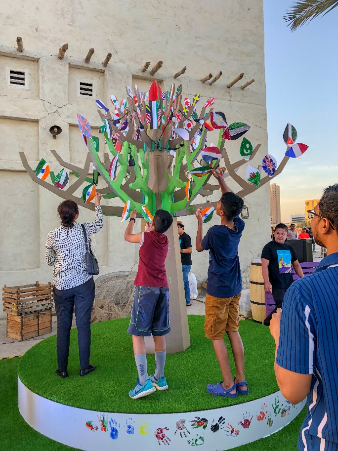 A group of people flying a kite Description generated with very high confidence