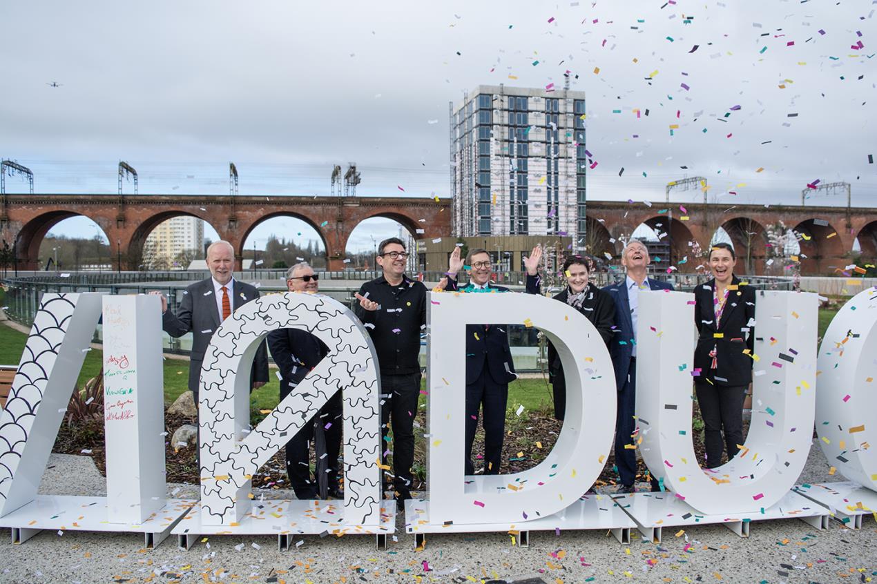 Celebrations as Viaduct Park, at Stockport's new transport interchange is officially opened.