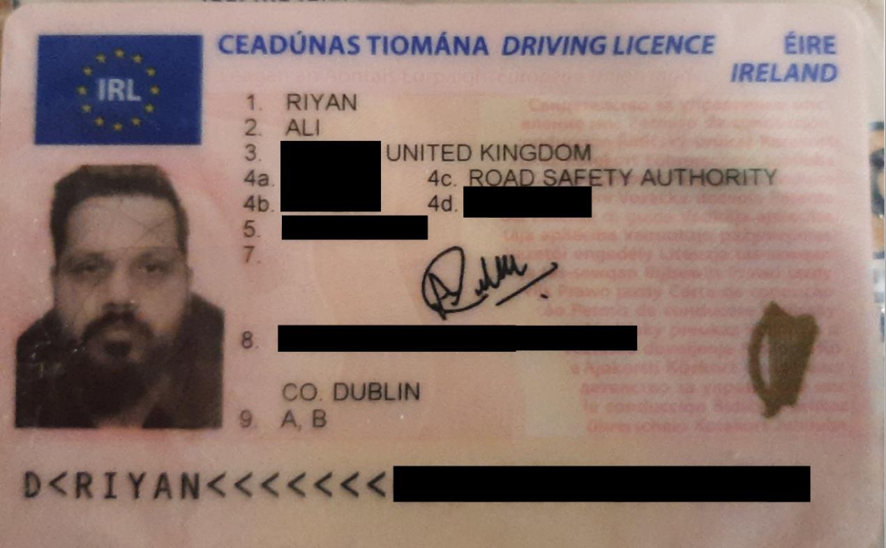 Redacted Irish driving licence