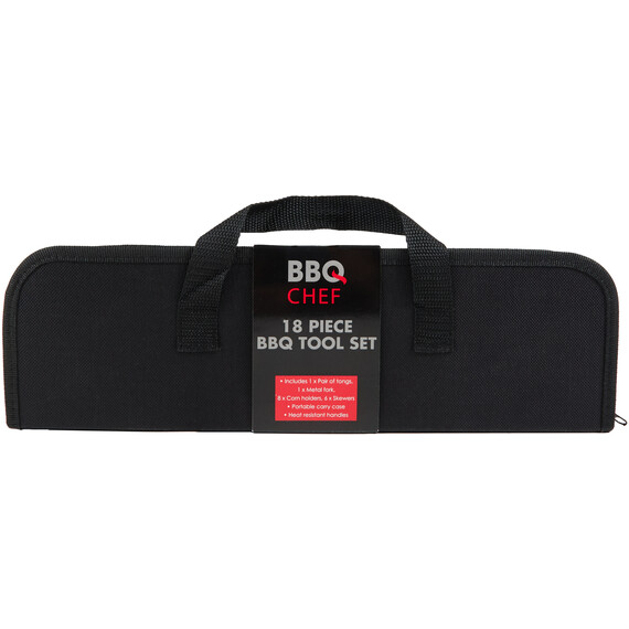 A black tool bag with a red and white labelDescription automatically generated