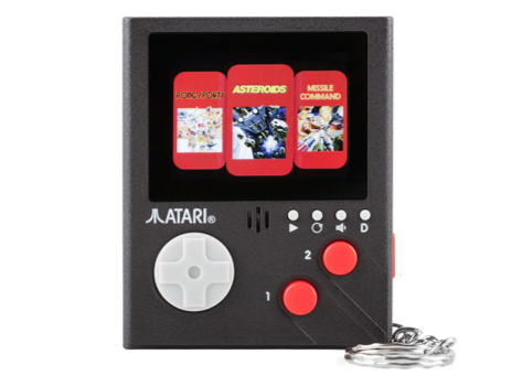 A black rectangular device with red buttons and a screenDescription automatically generated