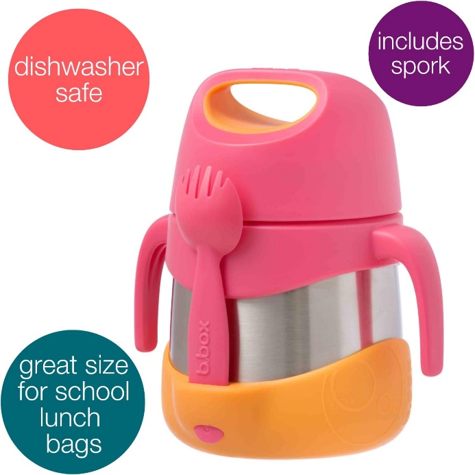 A pink and orange baby cup with a spoon and a spoonAI-generated content may be incorrect.