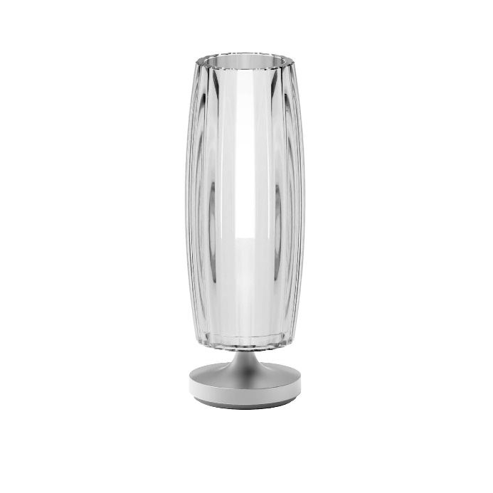 A clear glass vase on a standDescription automatically generated