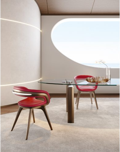 A room with a glass table and red chairsDescription automatically generated