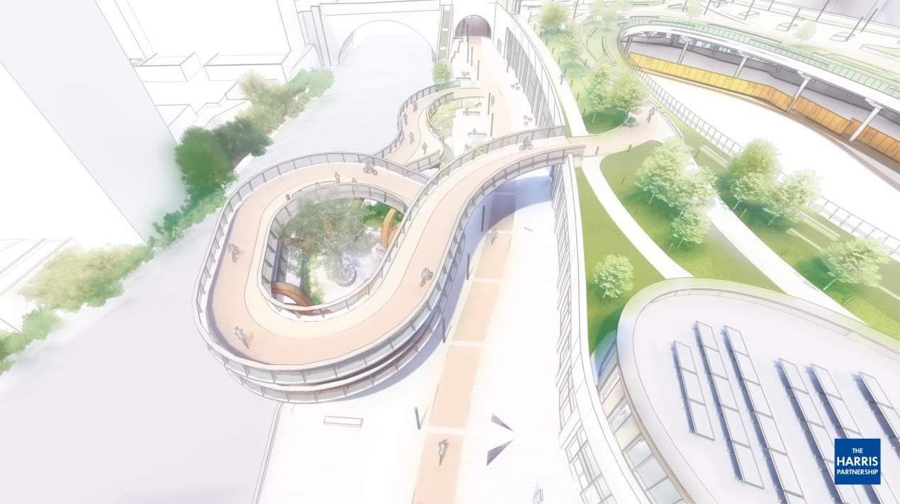 A visualisation of the cycling and walking 'helix ramp' at Stockport Interchange 