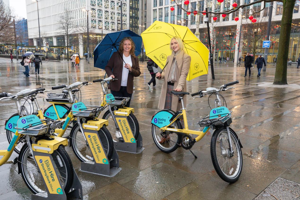 Starling Bank's Maria Vidler and Susanna Yallop with newly branded Starling Bank Bikes 