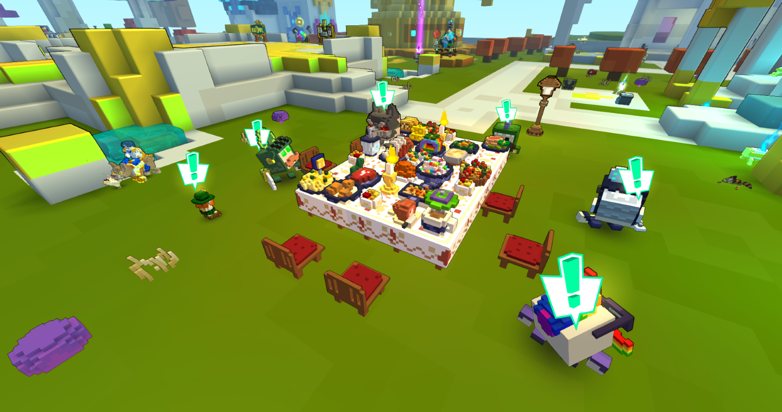 A video game of a table with chairs and a table with foodDescription automatically generated