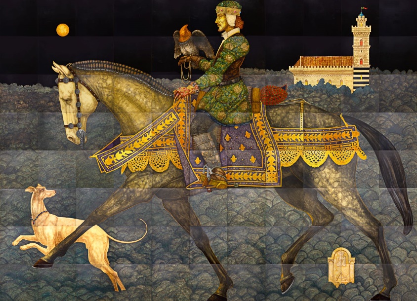 A painting of a person riding a horseDescription automatically generated