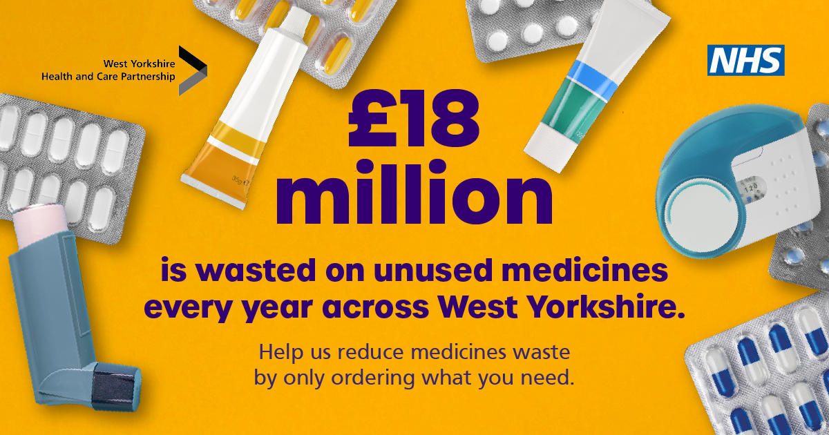Image includes a variety of common prescribed medicines including tablets and inhalers. Wording reads £18 million is wasted on unused medicines every year across West Yorkshire.