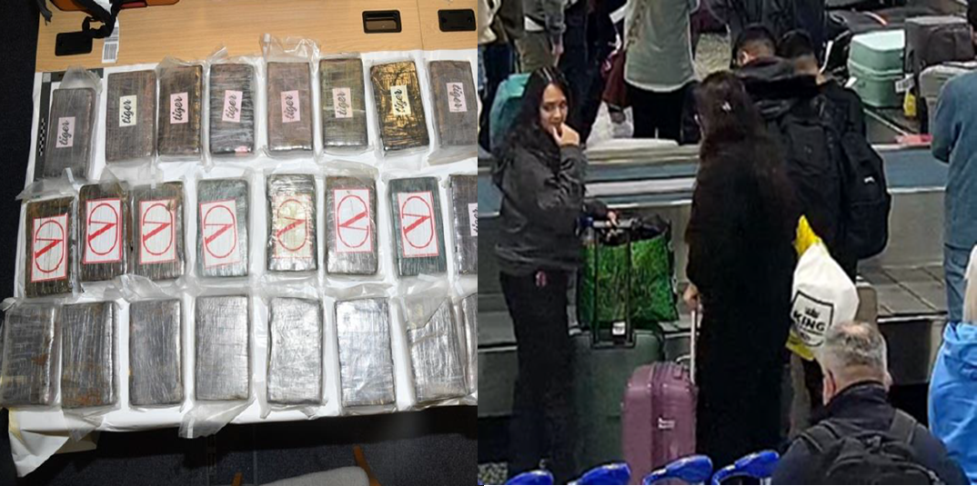 left) smuggled drugs and (right) members of the drugs gang at Birmingham Airport