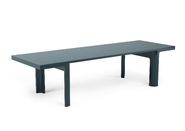 Long black rectangular table with legsAI-generated content may be incorrect.