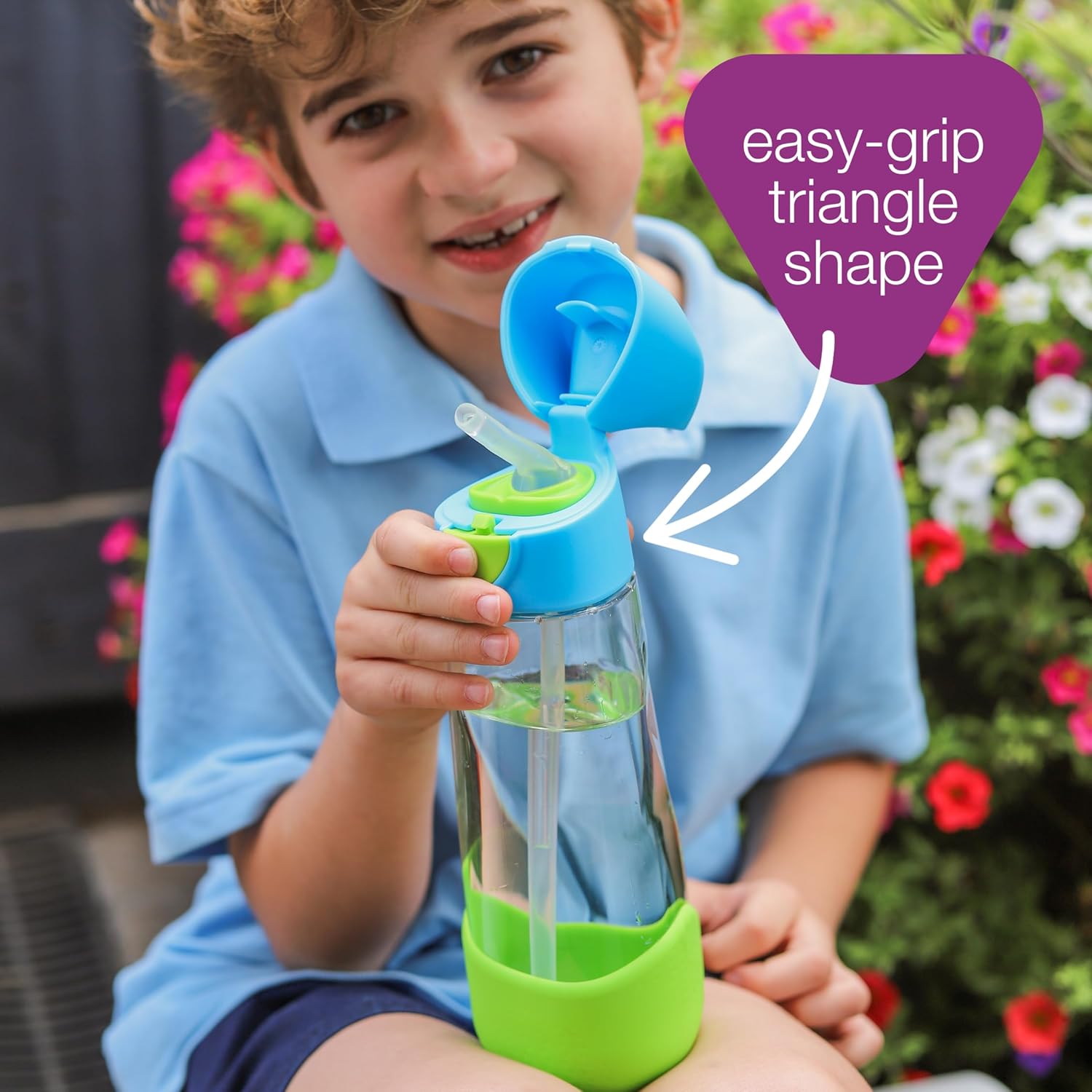 A child holding a water bottleAI-generated content may be incorrect.