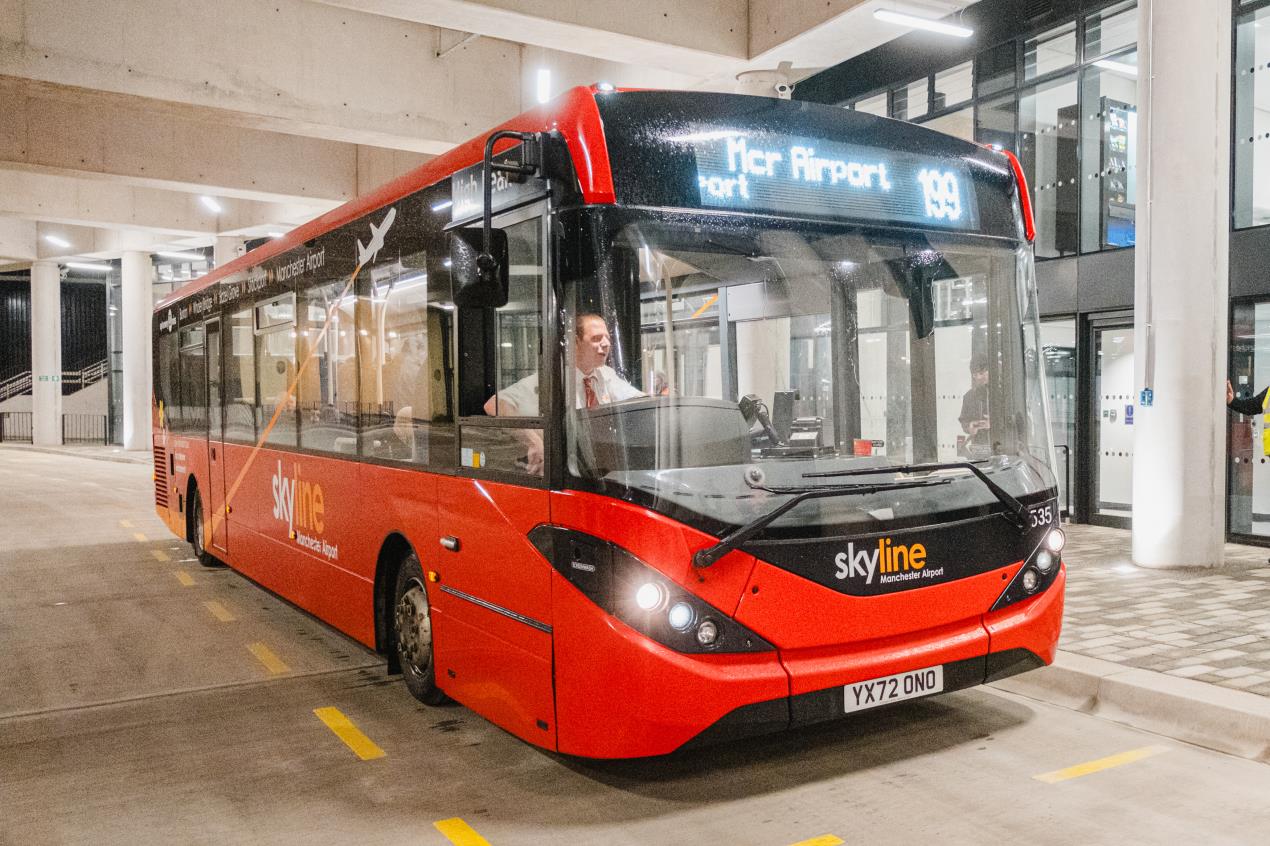 The Skyline 199 to Manchester Airport was the first bus to leave the new Interchange