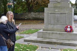 Walking the wartime App: Vicky Siviter (project team) and Jean Walker (project volunteer) test the new App at Doncaster War Memorial