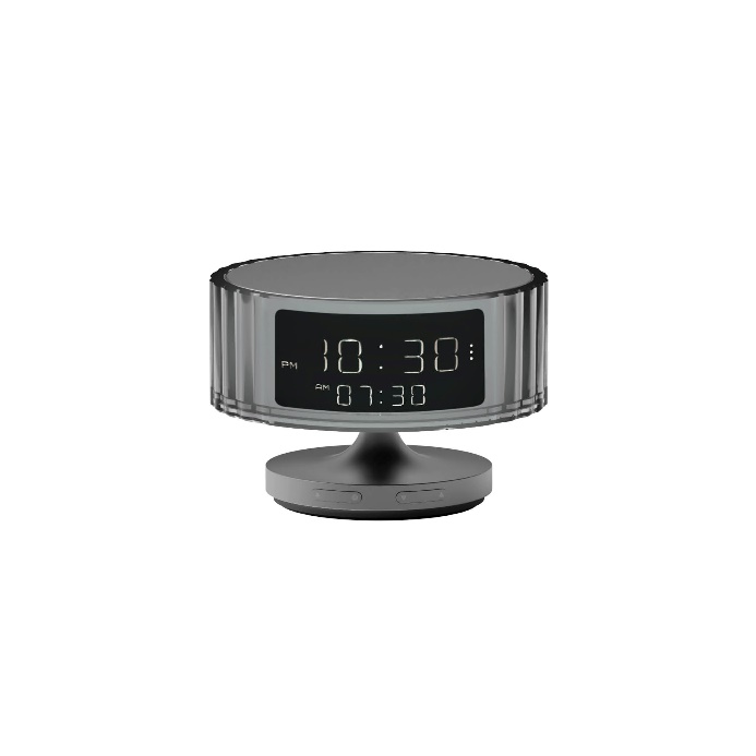 A digital clock with a round baseDescription automatically generated