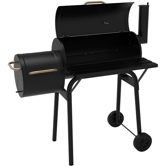 A black barbecue grill with wheelsDescription automatically generated