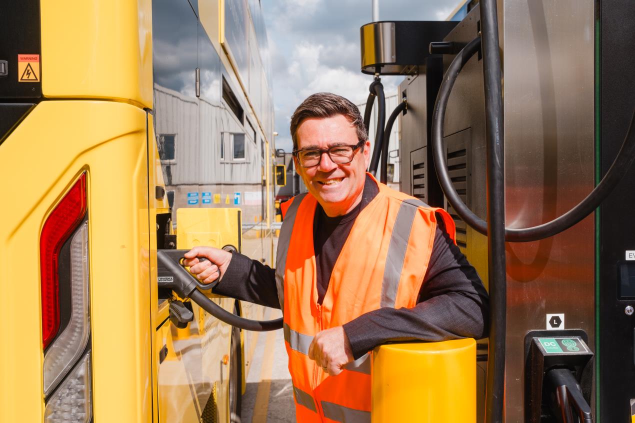 GM Mayor Andy Burnham at Ashton bus depot