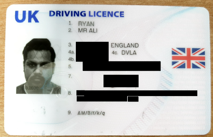 Redacted UK driving licence