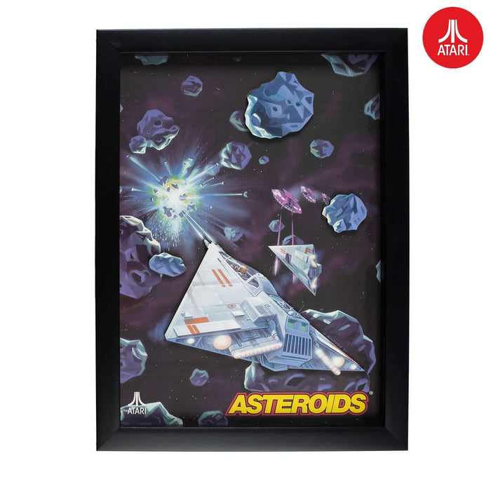 "Official Atari Asteroids Collection 3D Wall Art featuring iconic gaming imagery in a stylish black frame"