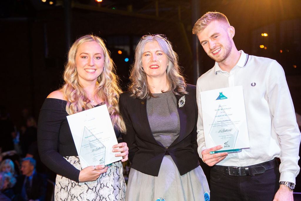 DCG Chief Executive Mandie Stravino with Ellie Ball and James Whitchurch 2