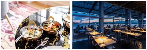 A collage of food in a restaurantDescription automatically generated