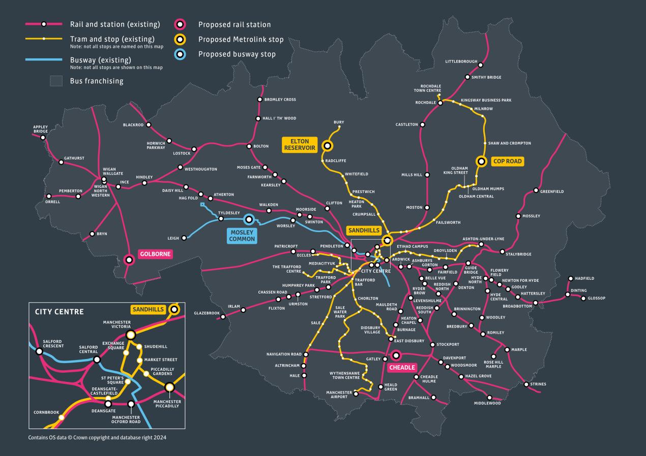 Map showing proposed new bus, rail and Metrolink stops