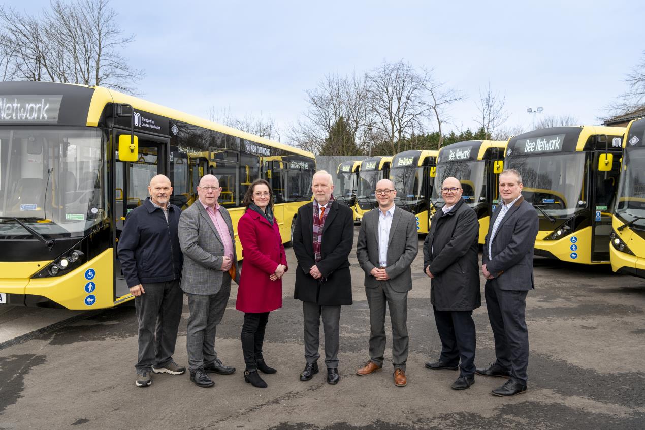 Representatives from Alexander Dennis, Rotala, TfGM’s bus team and Transport Commissioner Vernon Everitt with the 67 new low-emission buses at Diamond’s depot in Eccles, Salford.
