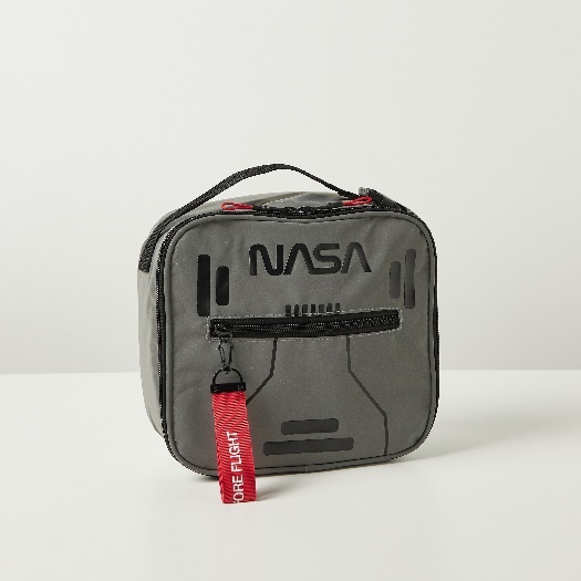 A small grey bag with a red tagDescription automatically generated