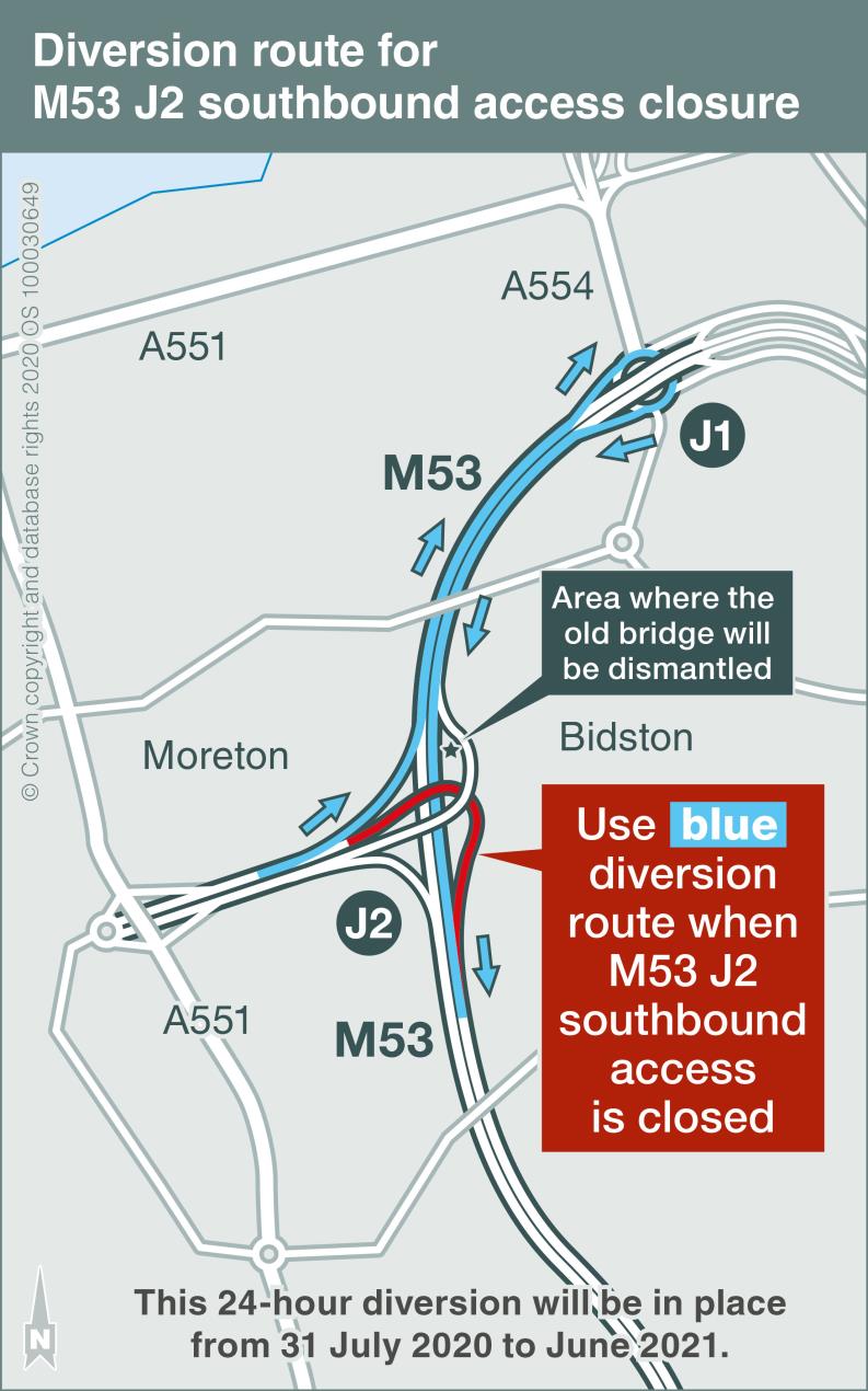 M53 Moreton diversion map